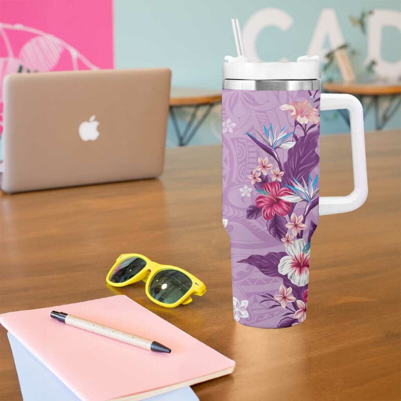 Hawaii Tropical Flowers Polynesian Tattoo Lavender Custom Stanley Quencher 40oz Stainless Steel Tumbler With Handle - Threewoofs - Image 5
