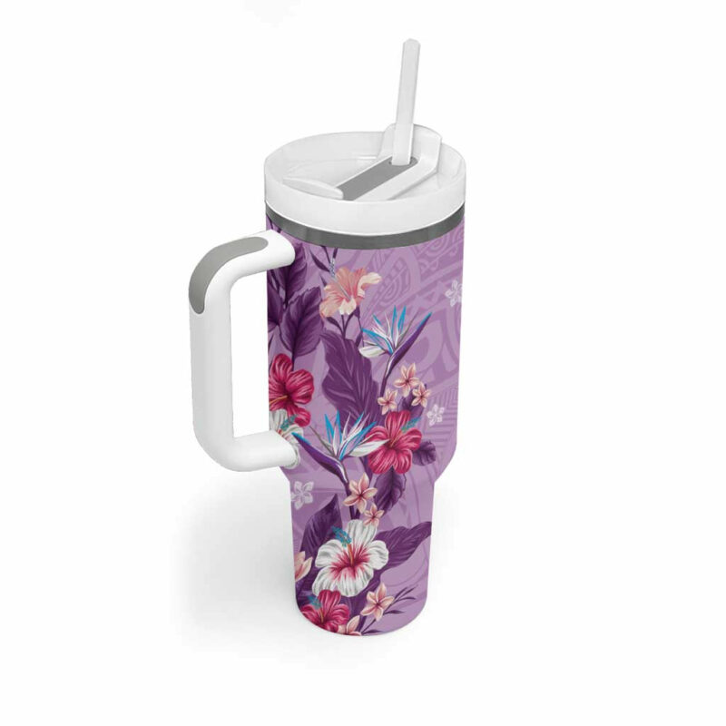 Hawaii Tropical Flowers Polynesian Tattoo Lavender Custom Stanley Quencher 40oz Stainless Steel Tumbler With Handle - Threewoofs - Image 2