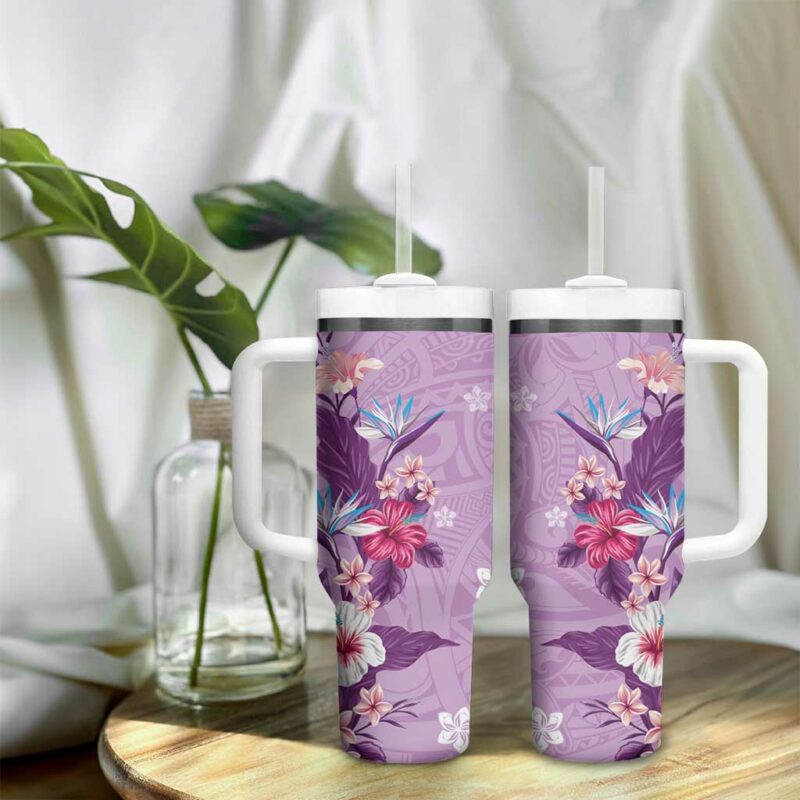 Hawaii Tropical Flowers Polynesian Tattoo Lavender Custom Stanley Quencher 40oz Stainless Steel Tumbler With Handle - Threewoofs - Image 9
