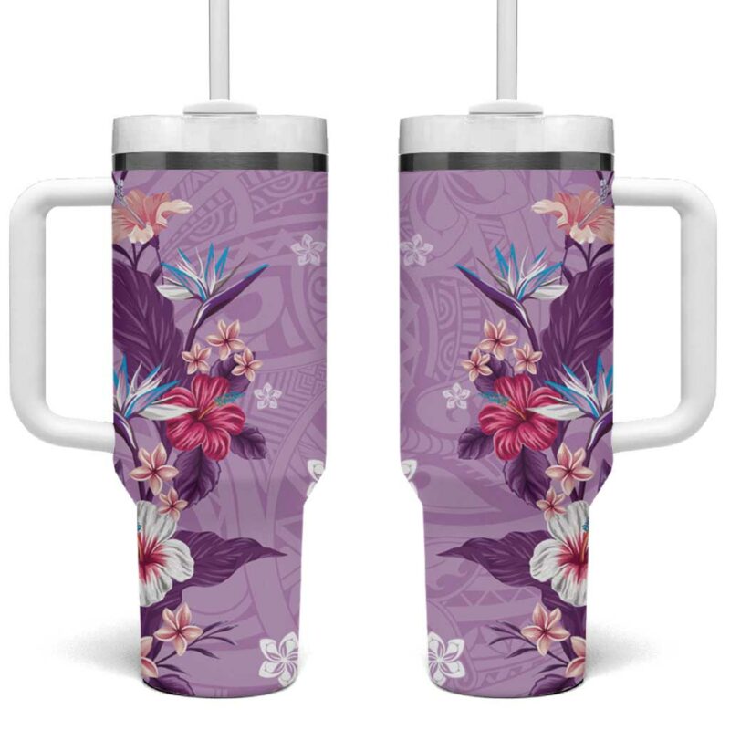 Hawaii Tropical Flowers Polynesian Tattoo Lavender Custom Stanley Quencher 40oz Stainless Steel Tumbler With Handle - Threewoofs
