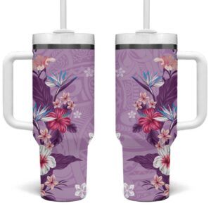 Hawaii Tropical Flowers Polynesian Tattoo Lavender Custom Stanley Quencher 40oz Stainless Steel Tumbler With Handle - Threewoofs