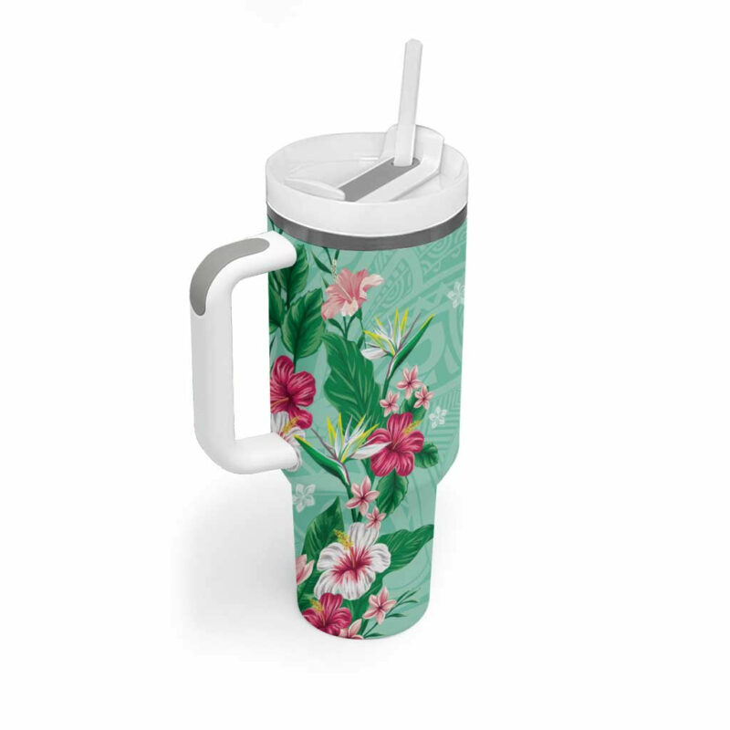 Hawaii Tropical Flowers Polynesian Tattoo Mint Green Custom Stanley Quencher 40oz Stainless Steel Tumbler With Handle - Threewoofs - Image 2