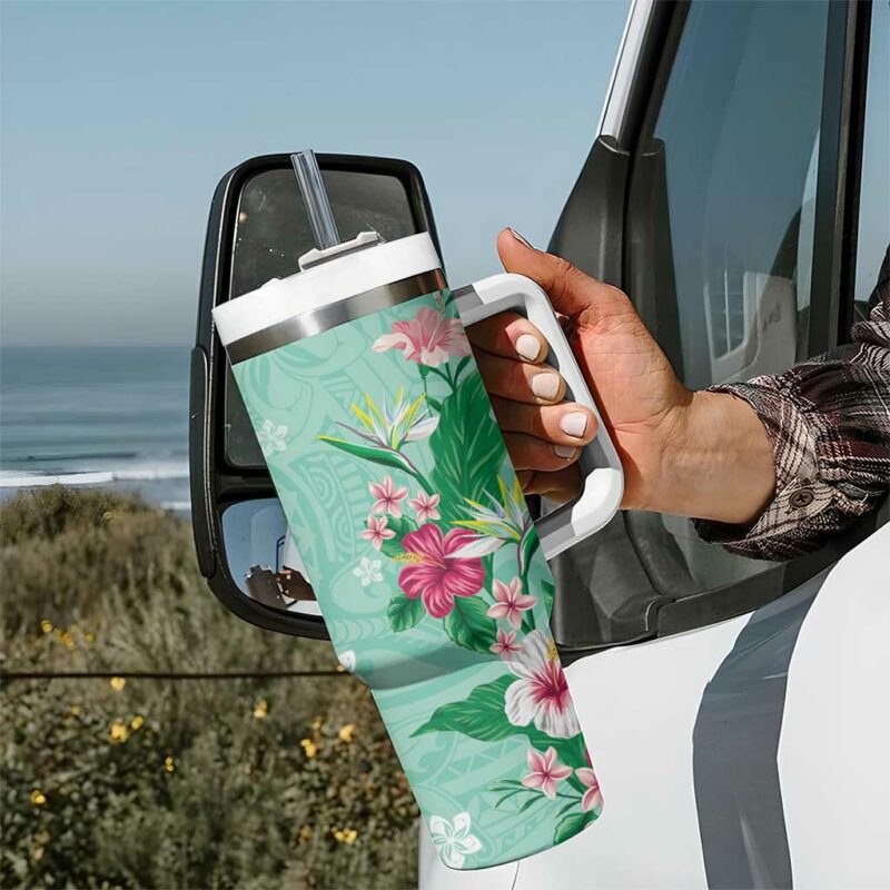 Hawaii Tropical Flowers Polynesian Tattoo Mint Green Custom Stanley Quencher 40oz Stainless Steel Tumbler With Handle - Threewoofs - Image 7