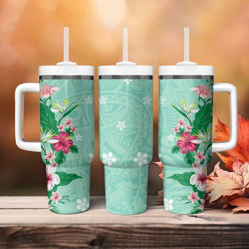 Hawaii Tropical Flowers Polynesian Tattoo Mint Green Custom Stanley Quencher 40oz Stainless Steel Tumbler With Handle - Threewoofs - Image 4