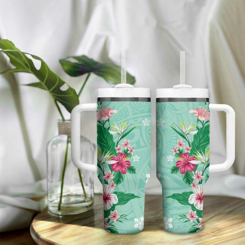 Hawaii Tropical Flowers Polynesian Tattoo Mint Green Custom Stanley Quencher 40oz Stainless Steel Tumbler With Handle - Threewoofs - Image 9