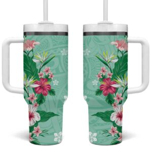 Hawaii Tropical Flowers Polynesian Tattoo Mint Green Custom Stanley Quencher 40oz Stainless Steel Tumbler With Handle - Threewoofs