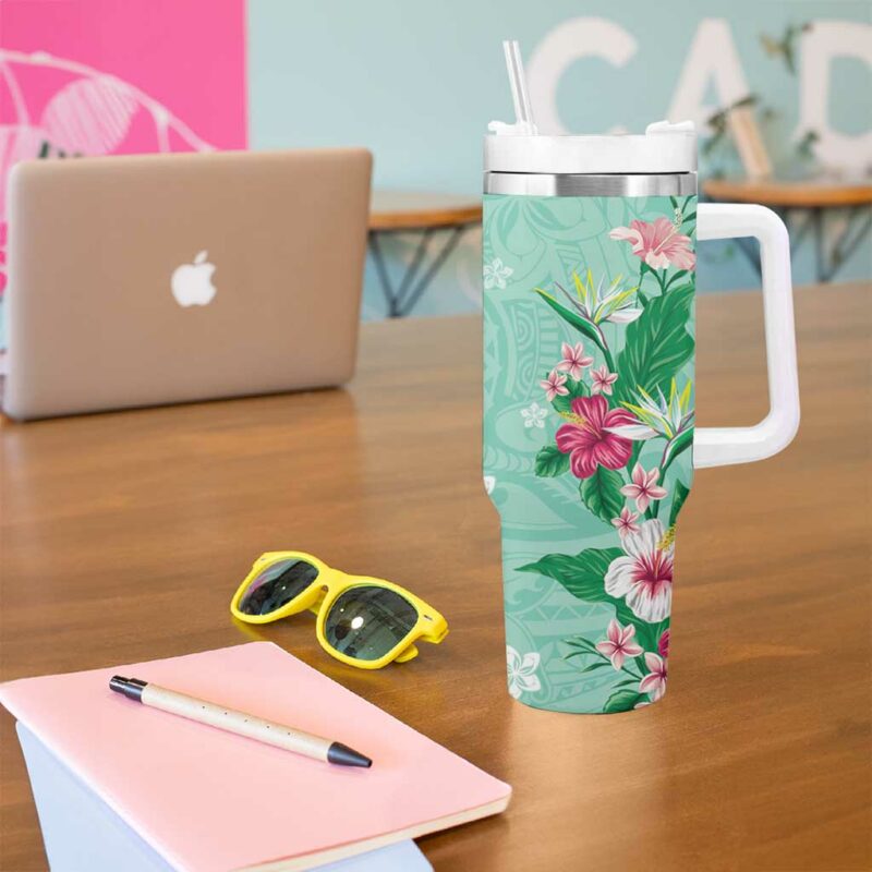 Hawaii Tropical Flowers Polynesian Tattoo Mint Green Custom Stanley Quencher 40oz Stainless Steel Tumbler With Handle - Threewoofs - Image 5