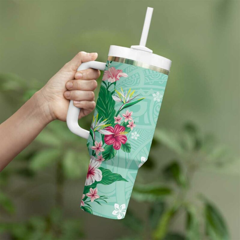 Hawaii Tropical Flowers Polynesian Tattoo Mint Green Custom Stanley Quencher 40oz Stainless Steel Tumbler With Handle - Threewoofs - Image 3