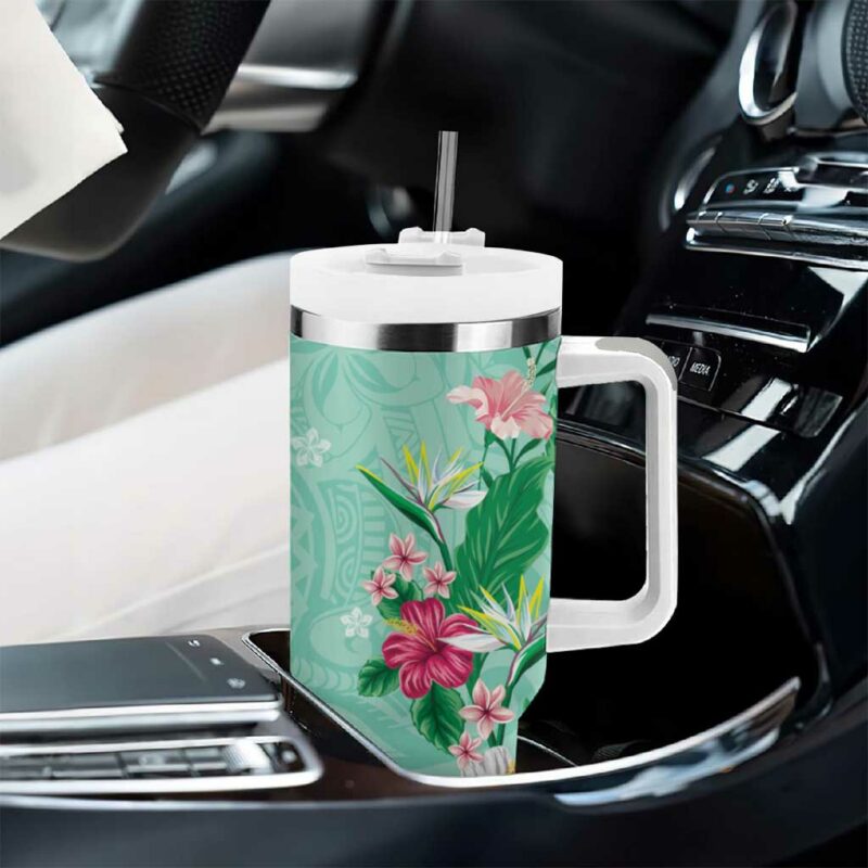 Hawaii Tropical Flowers Polynesian Tattoo Mint Green Custom Stanley Quencher 40oz Stainless Steel Tumbler With Handle - Threewoofs - Image 8