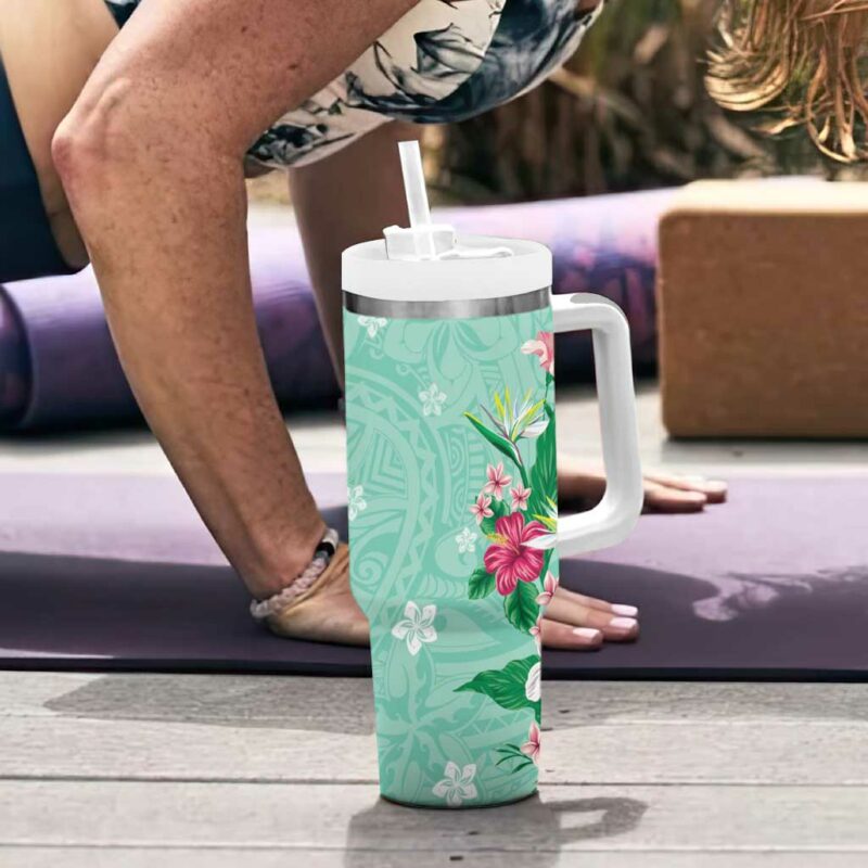 Hawaii Tropical Flowers Polynesian Tattoo Mint Green Custom Stanley Quencher 40oz Stainless Steel Tumbler With Handle - Threewoofs - Image 6
