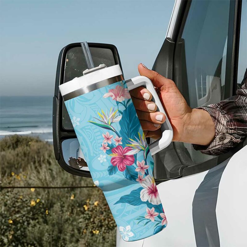Hawaii Tropical Flowers Polynesian Tattoo Sky Blue Custom Stanley Quencher 40oz Stainless Steel Tumbler With Handle - Threewoofs - Image 7