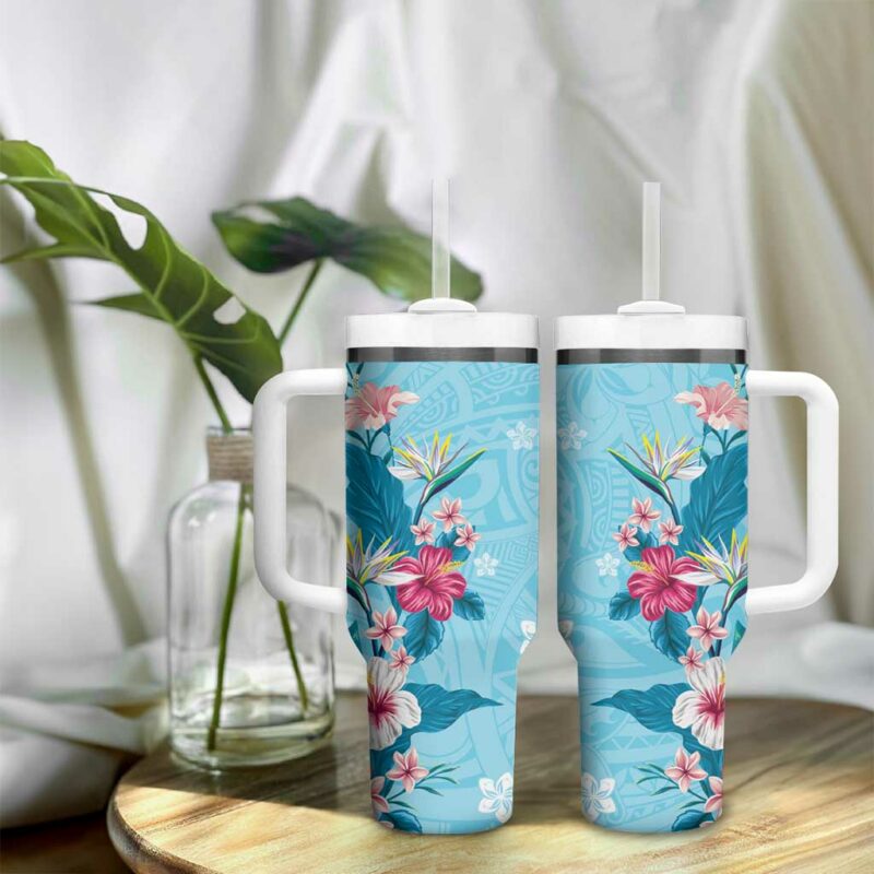 Hawaii Tropical Flowers Polynesian Tattoo Sky Blue Custom Stanley Quencher 40oz Stainless Steel Tumbler With Handle - Threewoofs - Image 9