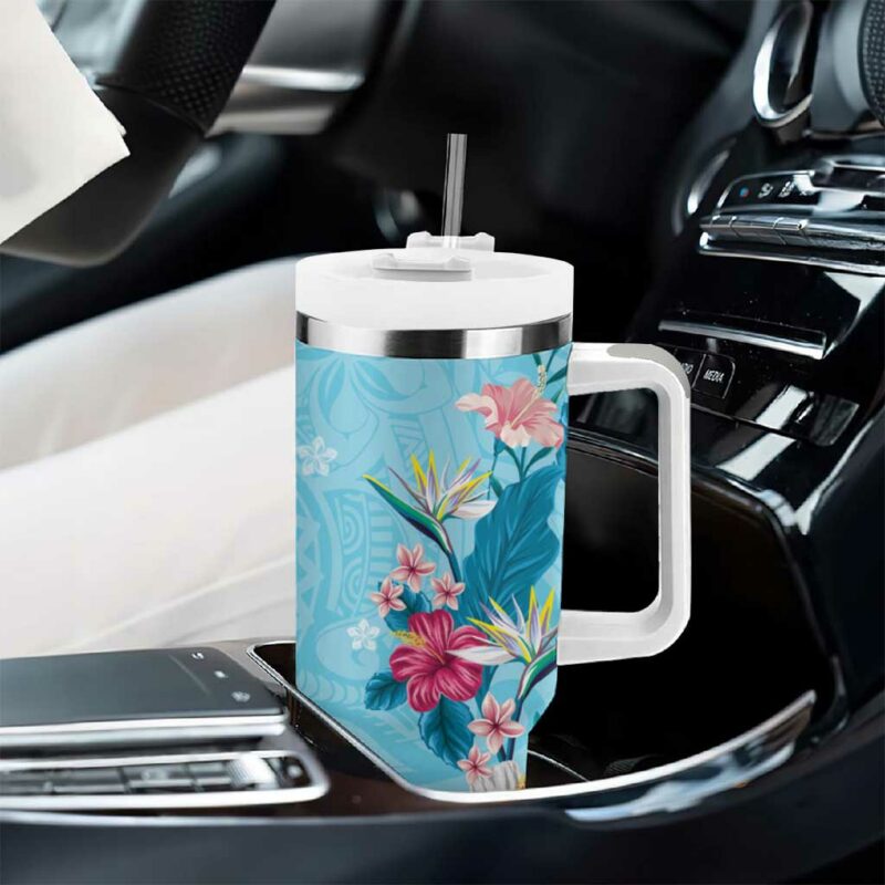 Hawaii Tropical Flowers Polynesian Tattoo Sky Blue Custom Stanley Quencher 40oz Stainless Steel Tumbler With Handle - Threewoofs - Image 8