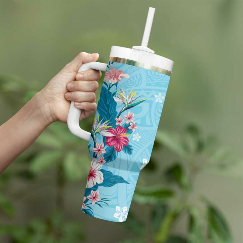 Hawaii Tropical Flowers Polynesian Tattoo Sky Blue Custom Stanley Quencher 40oz Stainless Steel Tumbler With Handle - Threewoofs - Image 3