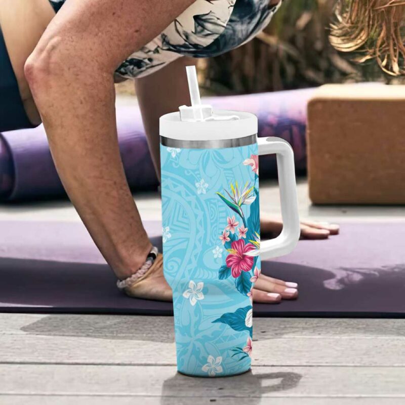 Hawaii Tropical Flowers Polynesian Tattoo Sky Blue Custom Stanley Quencher 40oz Stainless Steel Tumbler With Handle - Threewoofs - Image 6