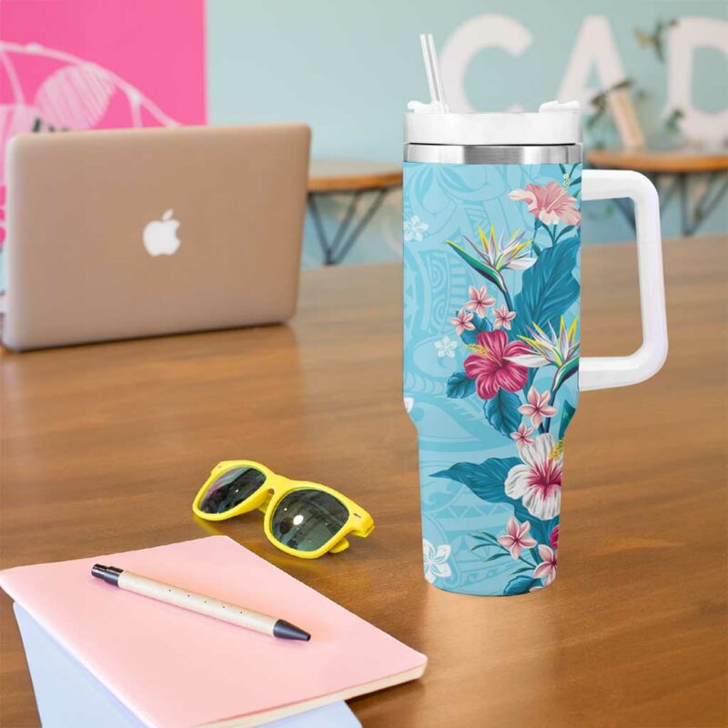 Hawaii Tropical Flowers Polynesian Tattoo Sky Blue Custom Stanley Quencher 40oz Stainless Steel Tumbler With Handle - Threewoofs - Image 5