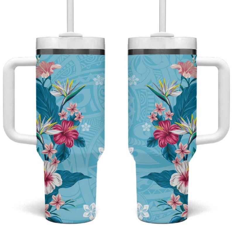 Hawaii Tropical Flowers Polynesian Tattoo Sky Blue Custom Stanley Quencher 40oz Stainless Steel Tumbler With Handle - Threewoofs