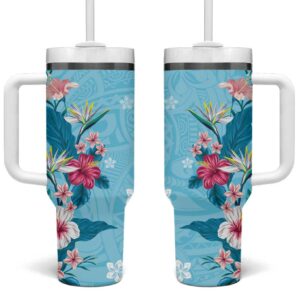 Hawaii Tropical Flowers Polynesian Tattoo Sky Blue Custom Stanley Quencher 40oz Stainless Steel Tumbler With Handle - Threewoofs