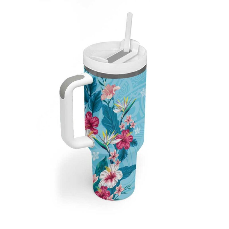 Hawaii Tropical Flowers Polynesian Tattoo Sky Blue Custom Stanley Quencher 40oz Stainless Steel Tumbler With Handle - Threewoofs - Image 2
