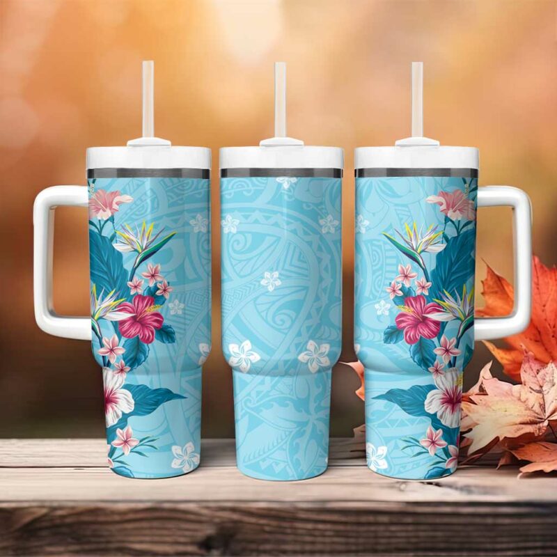 Hawaii Tropical Flowers Polynesian Tattoo Sky Blue Custom Stanley Quencher 40oz Stainless Steel Tumbler With Handle - Threewoofs - Image 4