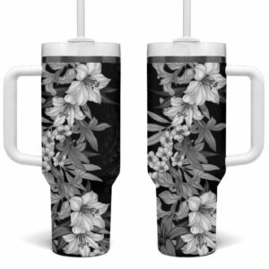 Hawaii Tropical Leaves and Flowers Tribal Polynesian Black White Custom Stanley Quencher 40oz Stainless Steel Tumbler With Handle - Threewoofs