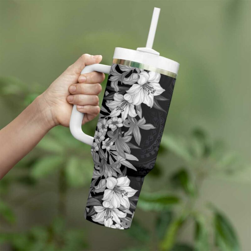 Hawaii Tropical Leaves and Flowers Tribal Polynesian Black White Custom Stanley Quencher 40oz Stainless Steel Tumbler With Handle - Threewoofs - Image 3