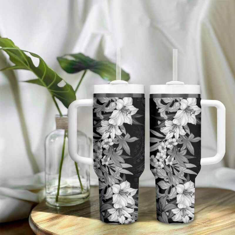 Hawaii Tropical Leaves and Flowers Tribal Polynesian Black White Custom Stanley Quencher 40oz Stainless Steel Tumbler With Handle - Threewoofs - Image 9