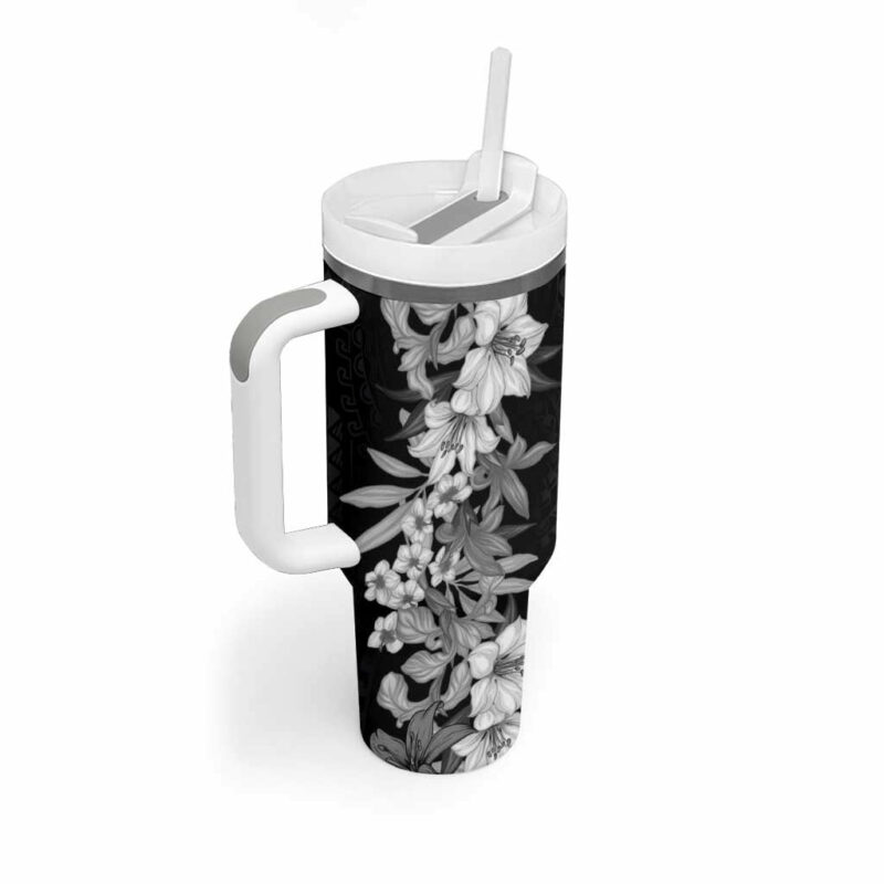 Hawaii Tropical Leaves and Flowers Tribal Polynesian Black White Custom Stanley Quencher 40oz Stainless Steel Tumbler With Handle - Threewoofs - Image 2