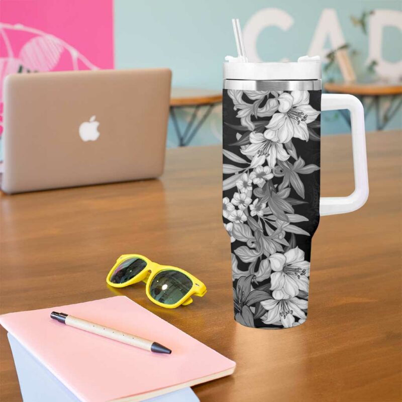 Hawaii Tropical Leaves and Flowers Tribal Polynesian Black White Custom Stanley Quencher 40oz Stainless Steel Tumbler With Handle - Threewoofs - Image 5