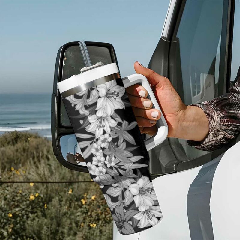 Hawaii Tropical Leaves and Flowers Tribal Polynesian Black White Custom Stanley Quencher 40oz Stainless Steel Tumbler With Handle - Threewoofs - Image 7
