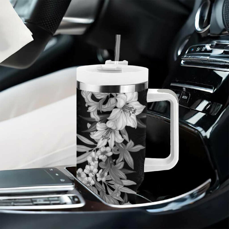 Hawaii Tropical Leaves and Flowers Tribal Polynesian Black White Custom Stanley Quencher 40oz Stainless Steel Tumbler With Handle - Threewoofs - Image 8
