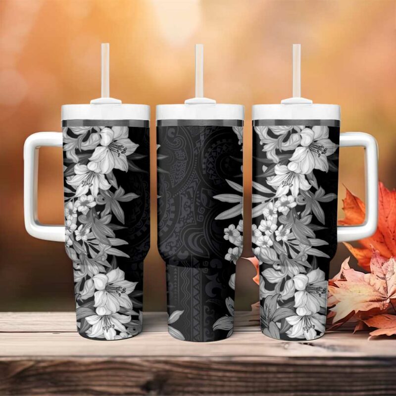 Hawaii Tropical Leaves and Flowers Tribal Polynesian Black White Custom Stanley Quencher 40oz Stainless Steel Tumbler With Handle - Threewoofs - Image 4