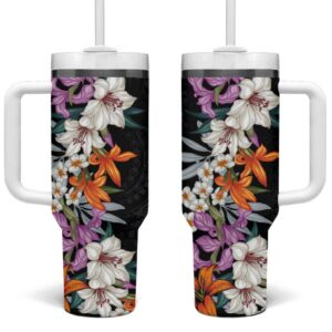 Hawaii Tropical Leaves and Flowers Tribal Polynesian Custom Stanley Quencher 40oz Stainless Steel Tumbler With Handle - Threewoofs