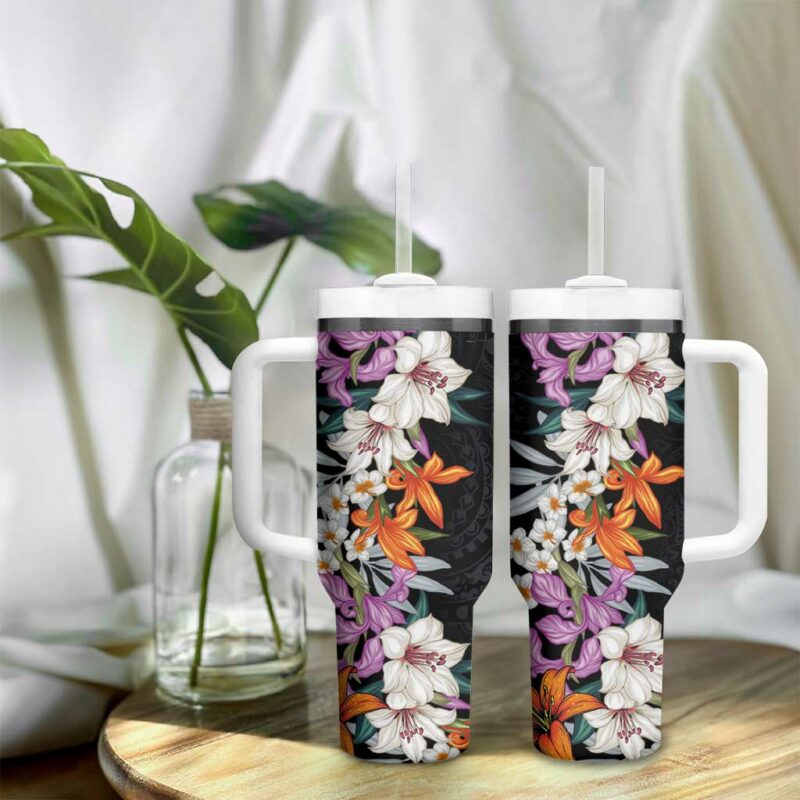 Hawaii Tropical Leaves and Flowers Tribal Polynesian Custom Stanley Quencher 40oz Stainless Steel Tumbler With Handle - Threewoofs - Image 9