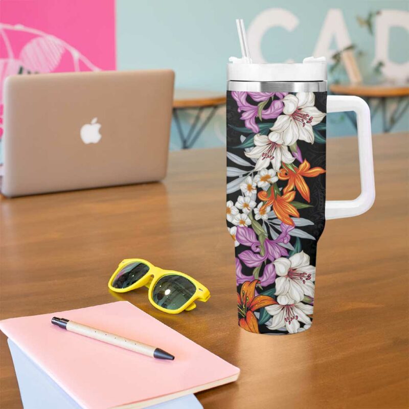 Hawaii Tropical Leaves and Flowers Tribal Polynesian Custom Stanley Quencher 40oz Stainless Steel Tumbler With Handle - Threewoofs - Image 5