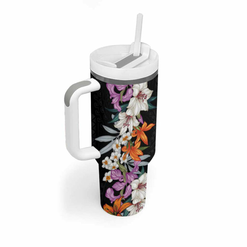 Hawaii Tropical Leaves and Flowers Tribal Polynesian Custom Stanley Quencher 40oz Stainless Steel Tumbler With Handle - Threewoofs - Image 2