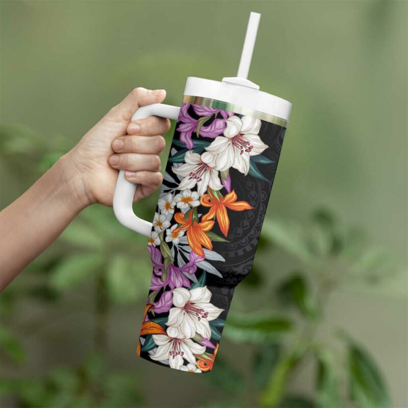Hawaii Tropical Leaves and Flowers Tribal Polynesian Custom Stanley Quencher 40oz Stainless Steel Tumbler With Handle - Threewoofs - Image 3