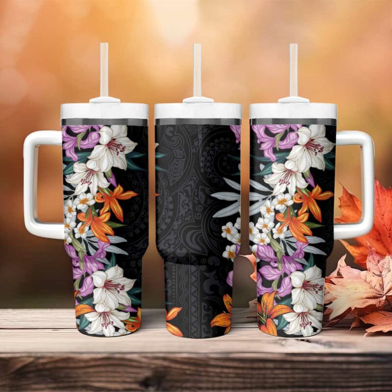 Hawaii Tropical Leaves and Flowers Tribal Polynesian Custom Stanley Quencher 40oz Stainless Steel Tumbler With Handle - Threewoofs - Image 4