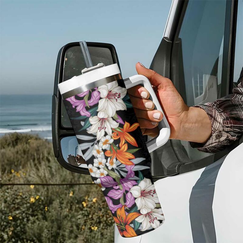 Hawaii Tropical Leaves and Flowers Tribal Polynesian Custom Stanley Quencher 40oz Stainless Steel Tumbler With Handle - Threewoofs - Image 7