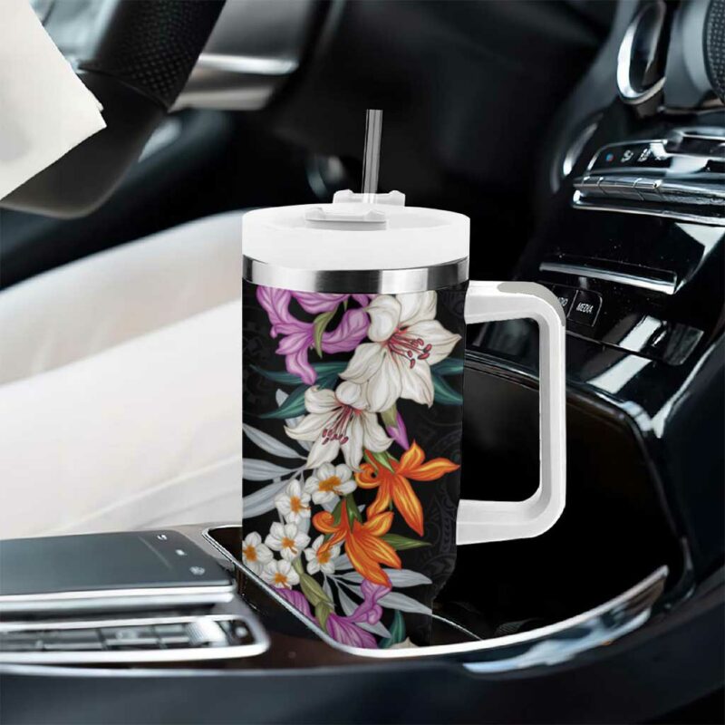 Hawaii Tropical Leaves and Flowers Tribal Polynesian Custom Stanley Quencher 40oz Stainless Steel Tumbler With Handle - Threewoofs - Image 8