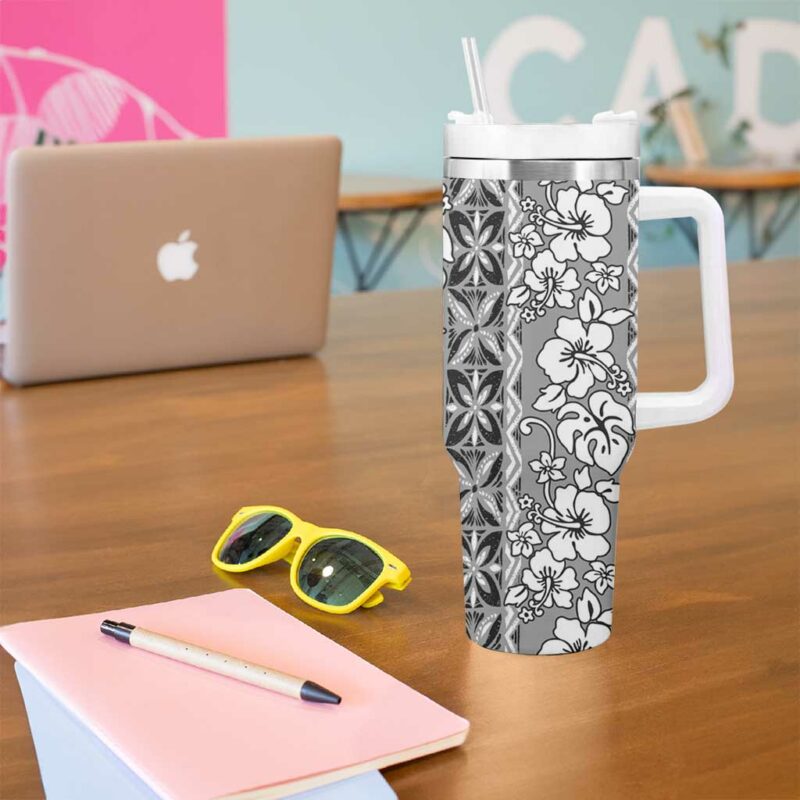 Hawaii Vintage Gray Hibiscus Tapa Custom Stanley Quencher 40oz Stainless Steel Tumbler With Handle - Threewoofs - Image 5