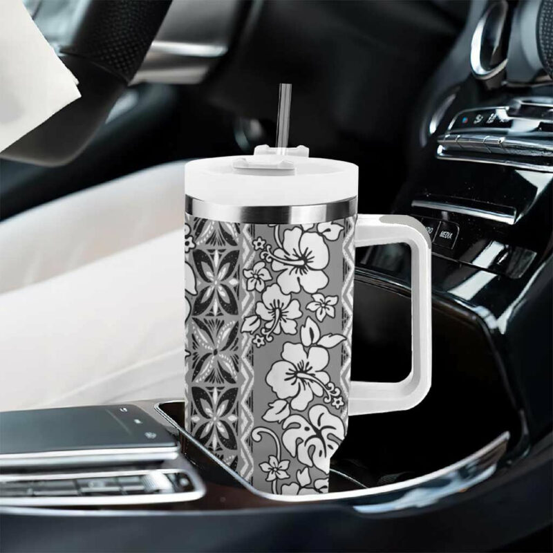 Hawaii Vintage Gray Hibiscus Tapa Custom Stanley Quencher 40oz Stainless Steel Tumbler With Handle - Threewoofs - Image 8