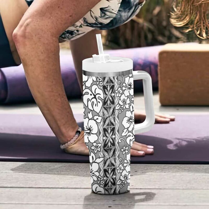 Hawaii Vintage Gray Hibiscus Tapa Custom Stanley Quencher 40oz Stainless Steel Tumbler With Handle - Threewoofs - Image 6