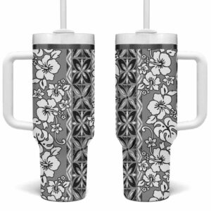 Hawaii Vintage Gray Hibiscus Tapa Custom Stanley Quencher 40oz Stainless Steel Tumbler With Handle - Threewoofs