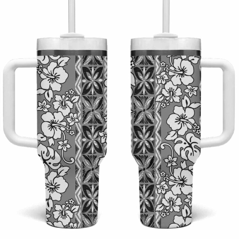 Hawaii Vintage Gray Hibiscus Tapa Custom Stanley Quencher 40oz Stainless Steel Tumbler With Handle - Threewoofs