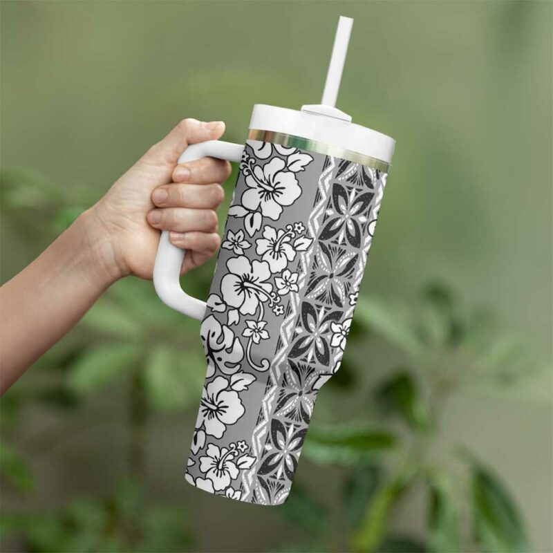 Hawaii Vintage Gray Hibiscus Tapa Custom Stanley Quencher 40oz Stainless Steel Tumbler With Handle - Threewoofs - Image 3