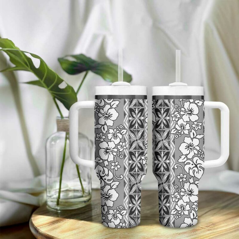 Hawaii Vintage Gray Hibiscus Tapa Custom Stanley Quencher 40oz Stainless Steel Tumbler With Handle - Threewoofs - Image 9