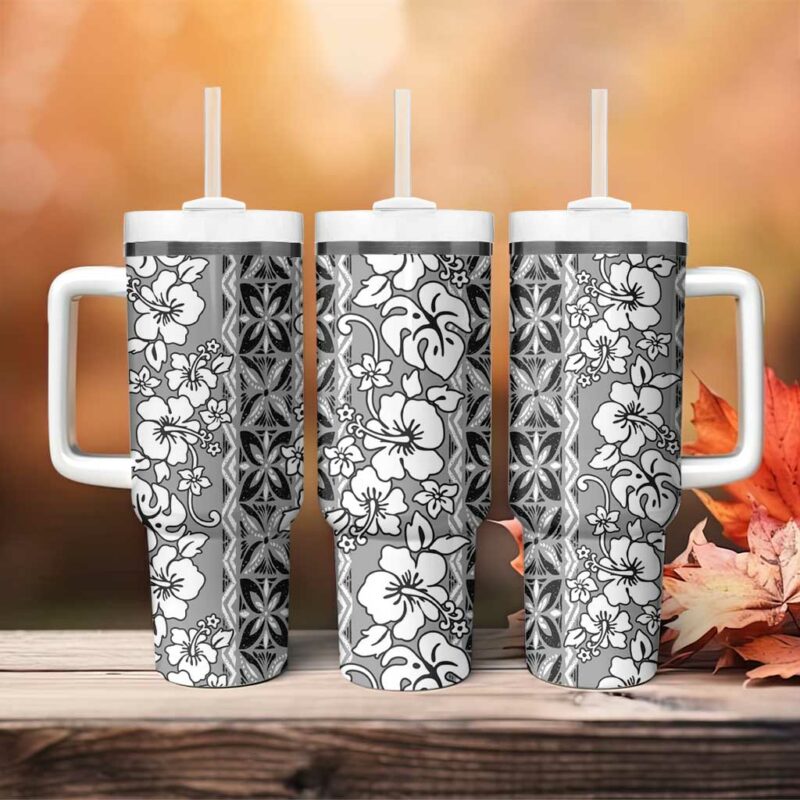 Hawaii Vintage Gray Hibiscus Tapa Custom Stanley Quencher 40oz Stainless Steel Tumbler With Handle - Threewoofs - Image 4