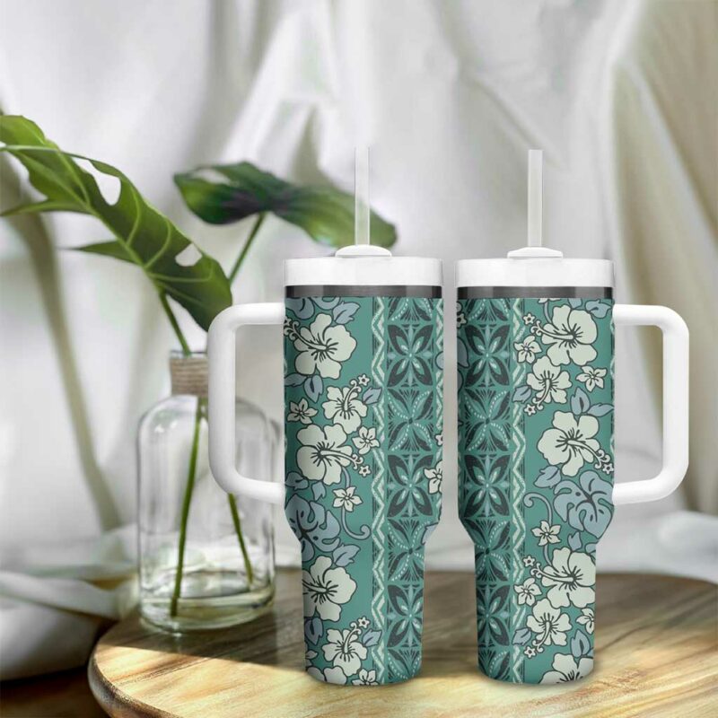 Hawaii Vintage Green Hibiscus Tapa Custom Stanley Quencher 40oz Stainless Steel Tumbler With Handle - Threewoofs - Image 9