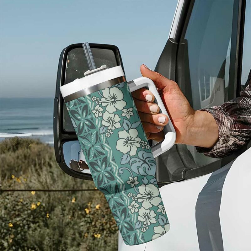 Hawaii Vintage Green Hibiscus Tapa Custom Stanley Quencher 40oz Stainless Steel Tumbler With Handle - Threewoofs - Image 7